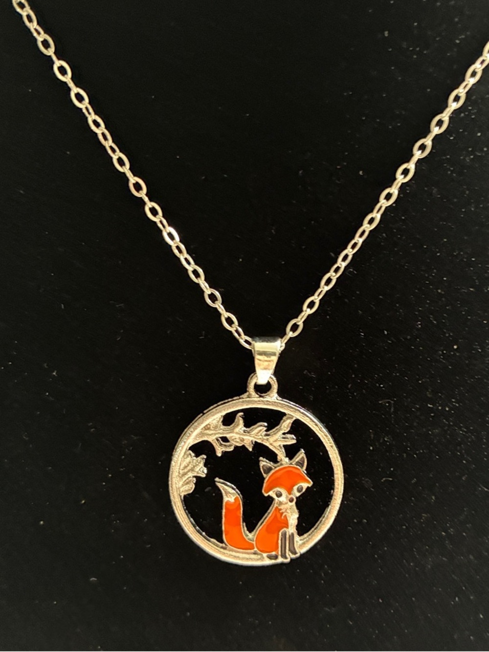 Silver Fox Pendant Necklace with Orange Enamel Accent